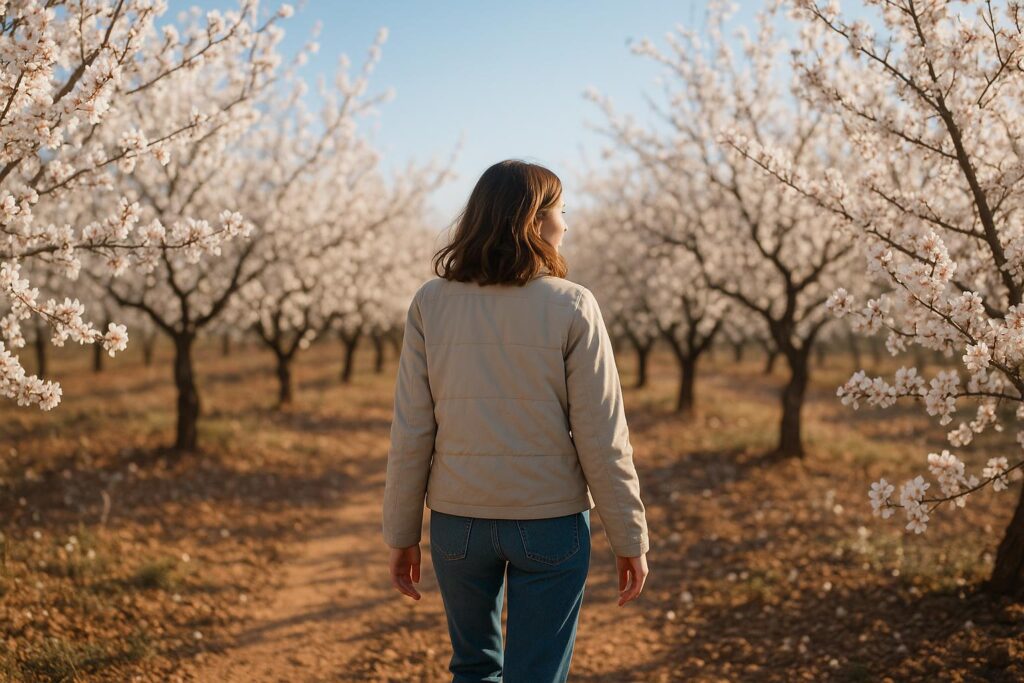 Mujer paseando entre almendros en flor en invierno en Mallorca, con cielo azul.