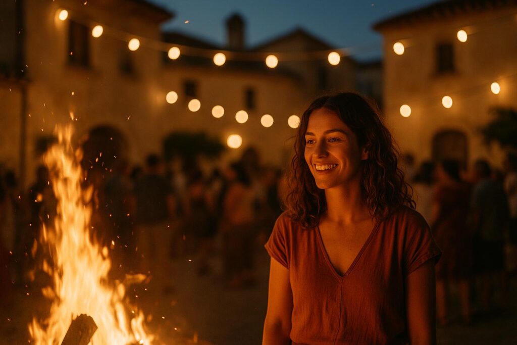 Mujer sonriendo junto a una hoguera y luces en una fiesta de pueblo mallorquina al anochecer.