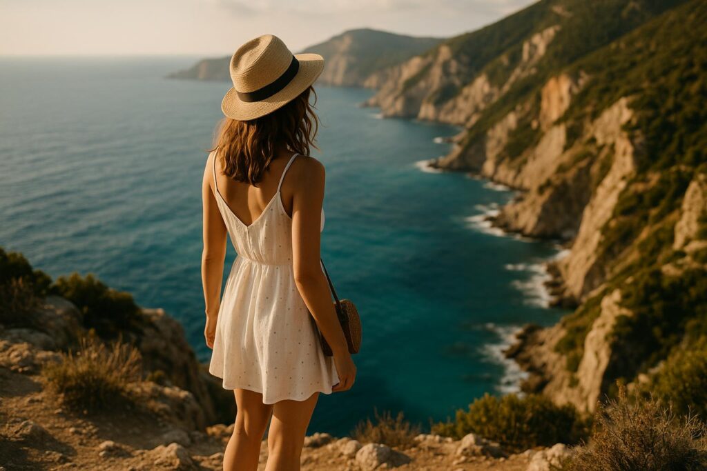 Mujer en un mirador sobre acantilados y mar turquesa en Mallorca.