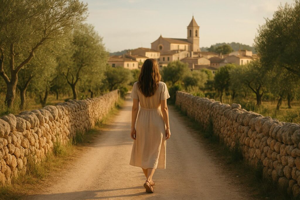 Mujer en un camino rural entre muros de piedra seca y olivos, con un pueblo del sureste de Mallorca al fondo.