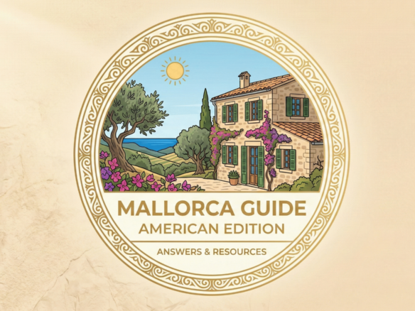 Badge for the Mallorca Guide, American Edition, illustrated with a country house and the sea