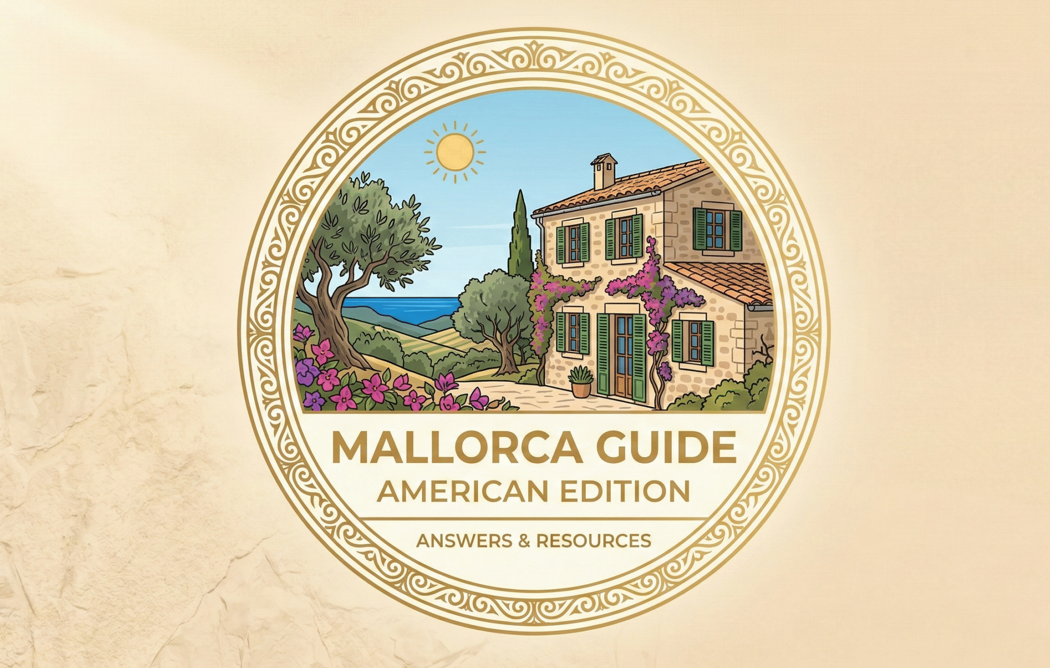 Badge for the Mallorca Guide, American Edition, illustrated with a country house and the sea
