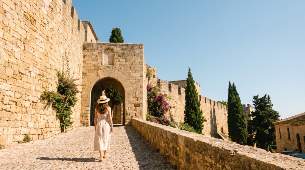 Mujer ante un portal de las murallas medievales de Alcúdia, Mallorca