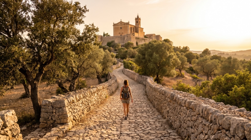 Mujer subiendo hacia el santuario de Sant Salvador en Artà, Mallorca