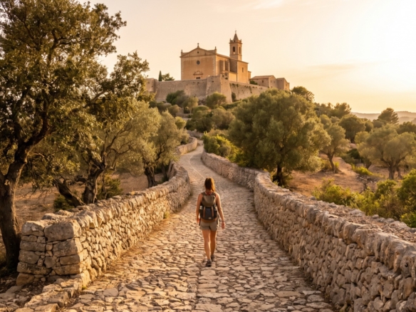 Mujer subiendo hacia el santuario de Sant Salvador en Artà, Mallorca