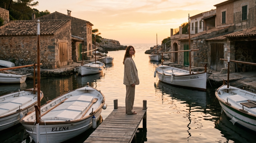 Mujer en el pantalán del puerto pesquero de Cala Figuera, Mallorca
