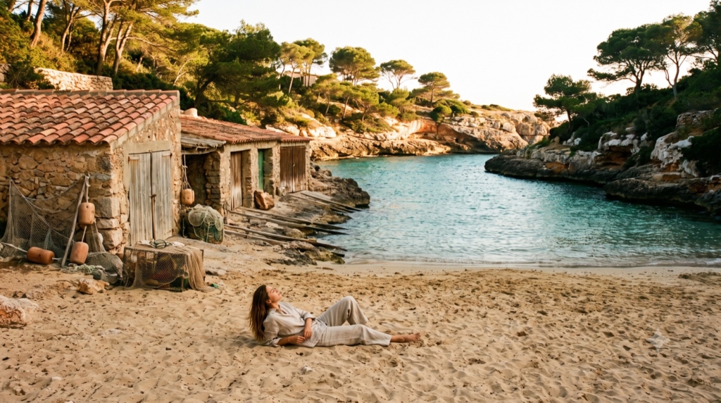 Mujer descansando en la arena junto a las casetas de pescadores de Cala Llombards, Mallorca