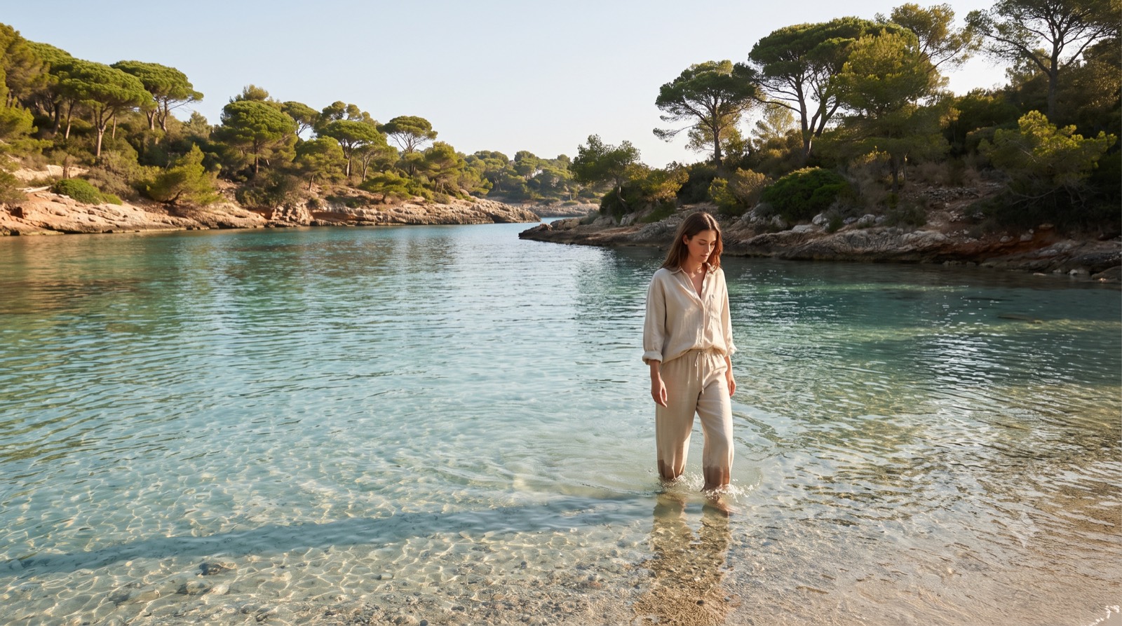 Frau am Ufer einer Bucht im Naturpark Mondragó, Mallorca