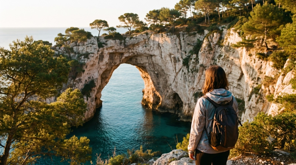 Mujer ante el arco natural de Es Pontàs en Cala Santanyí, Mallorca