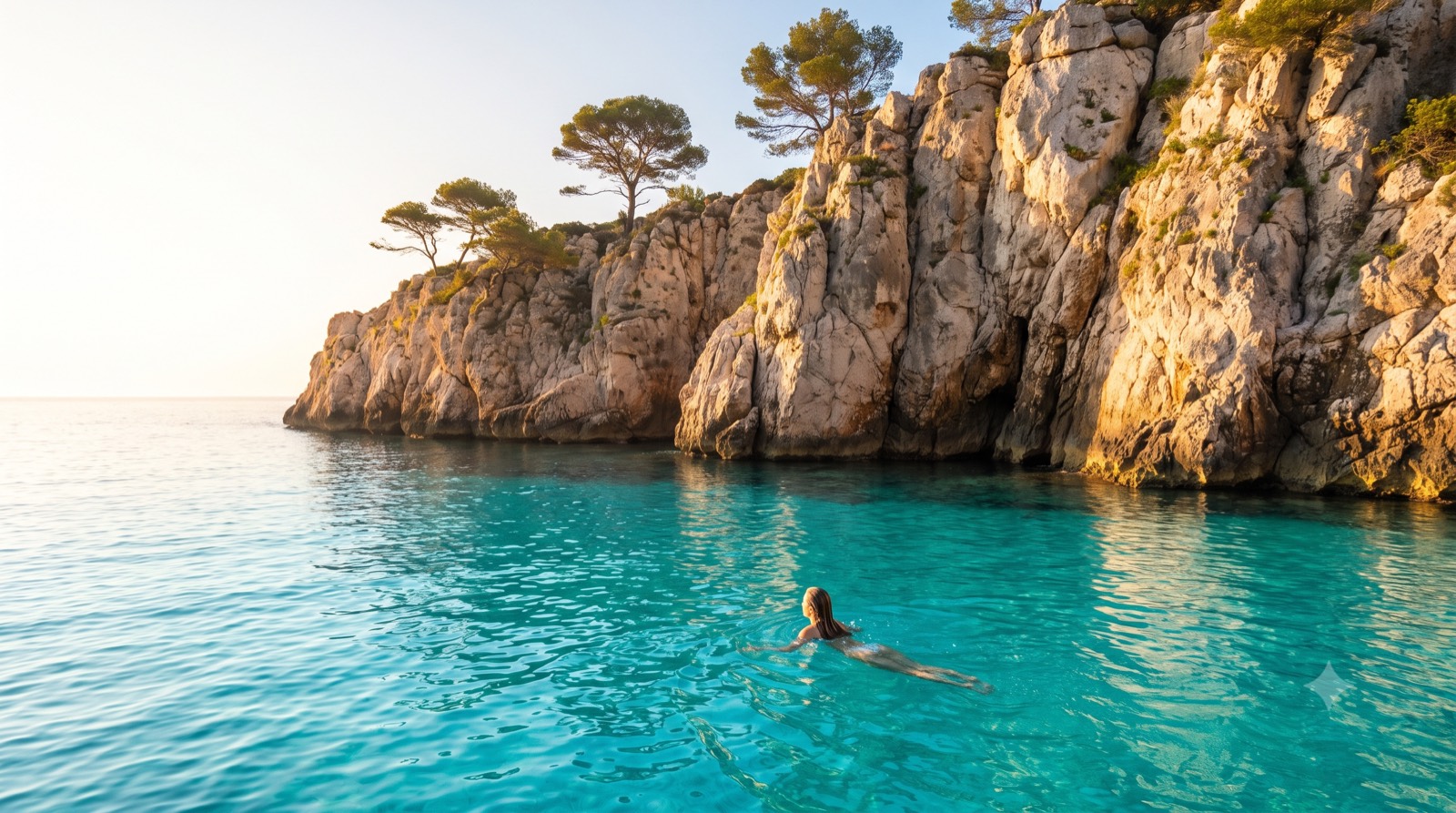 Frau schwimmt im türkisfarbenen Wasser des Caló des Moro, Mallorca