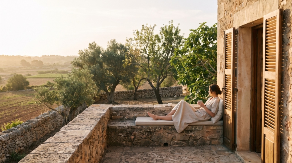 Mujer en la terraza de una finca de campo en Campos, Mallorca