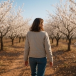 Woman walking among blossoming almond trees in Mallorca