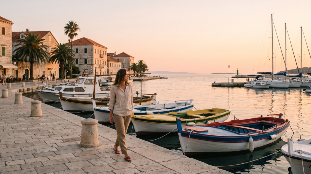 Mujer paseando por el puerto de la Colònia de Sant Jordi, Mallorca
