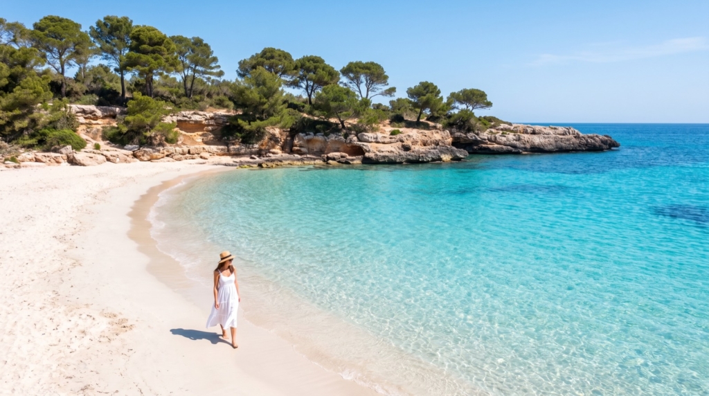 Woman walking along a white-sand cove with turquoise water in Mallorca