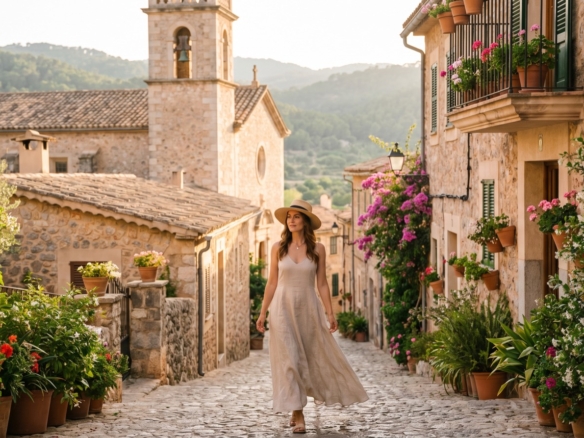 Woman walking down a flower-lined stone street in a Mallorcan village