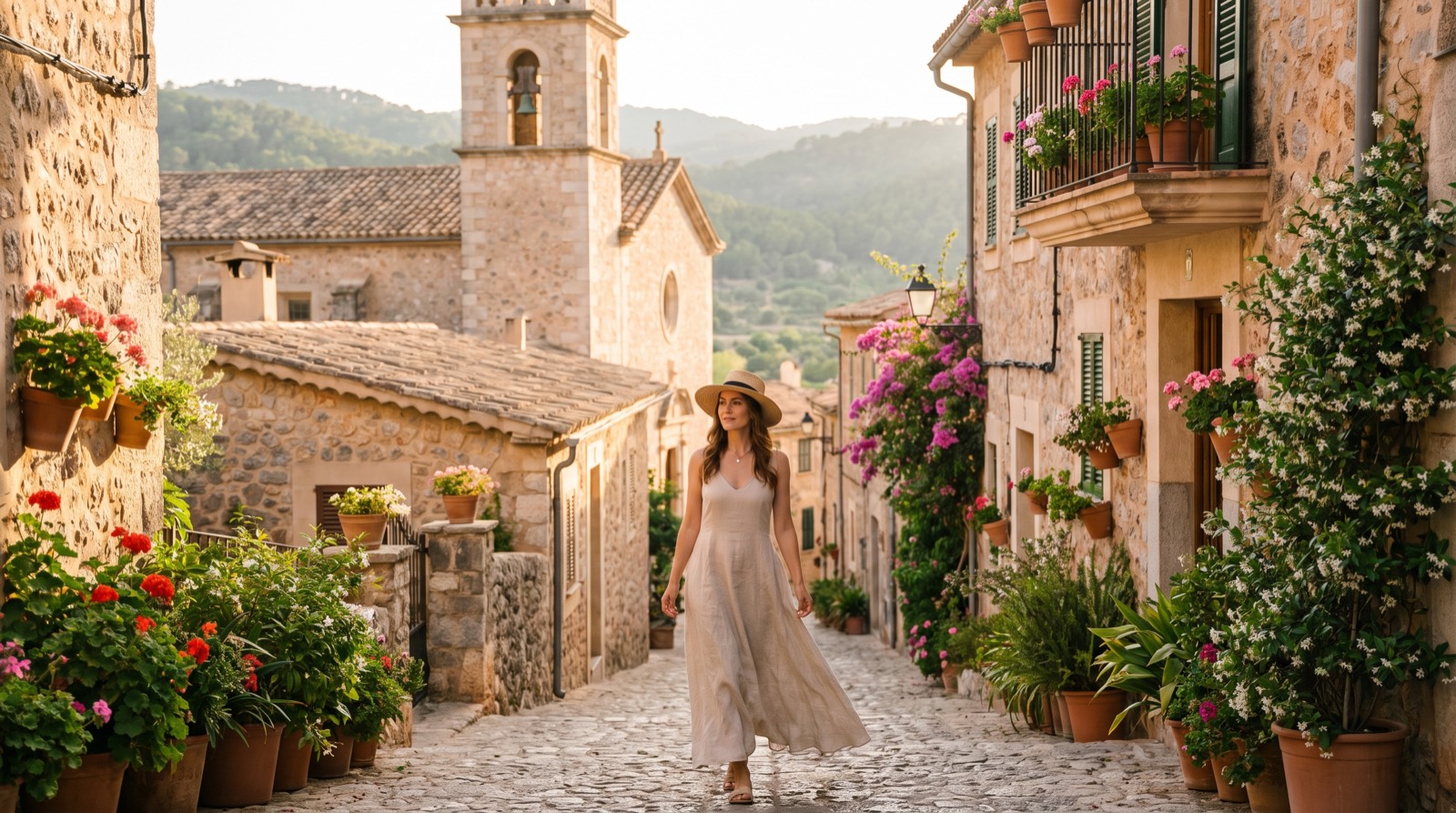 Frau geht eine mit Blumen gesäumte Steinstraße in einem mallorquinischen Dorf entlang