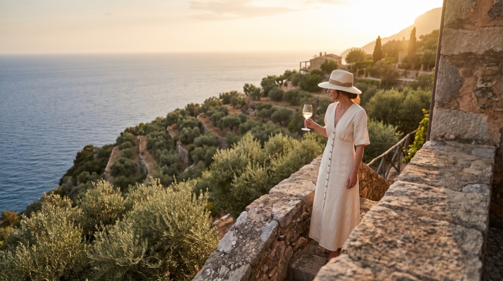 Mujer en una terraza con vistas al mar entre olivos en Deià, Mallorca