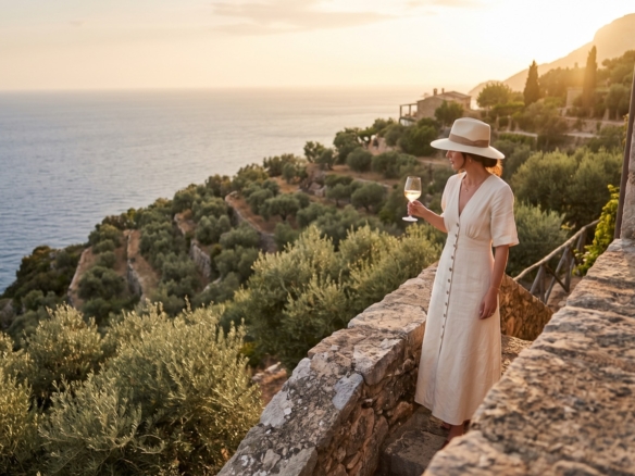 Mujer en una terraza con vistas al mar entre olivos en Deià, Mallorca
