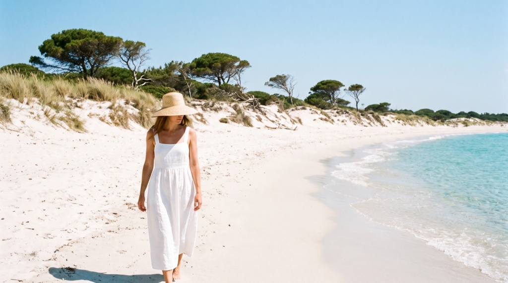 Mujer paseando por la playa virgen de arena blanca de Es Trenc, Mallorca