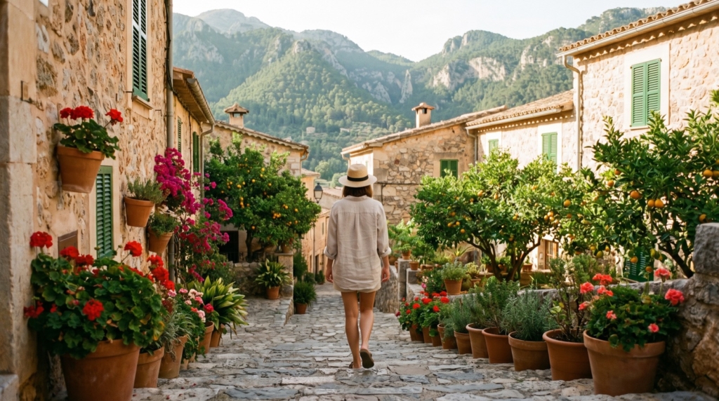 Mujer en una calle empedrada con macetas de flores en Fornalutx, Mallorca