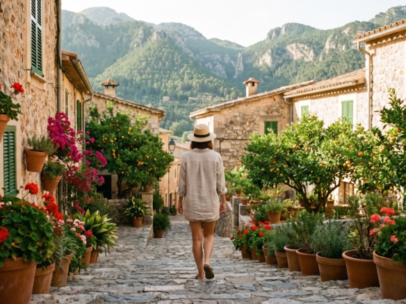Mujer en una calle empedrada con macetas de flores en Fornalutx, Mallorca