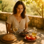 Frau auf einer Terrasse mit Brot, Oliven, Tomaten und Olivenöl aus Mallorca