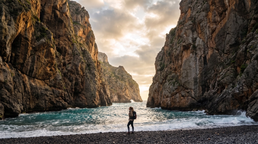 Mujer ante el cañón del Torrent de Pareis en Sa Calobra, Mallorca