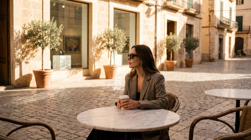 Mujer en un café de una plaza de piedra de marès en Santanyí, Mallorca