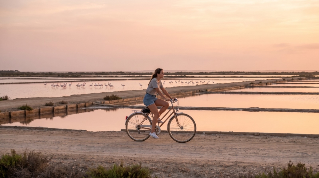 Mujer en bicicleta entre las salinas con flamencos en Ses Salines, Mallorca