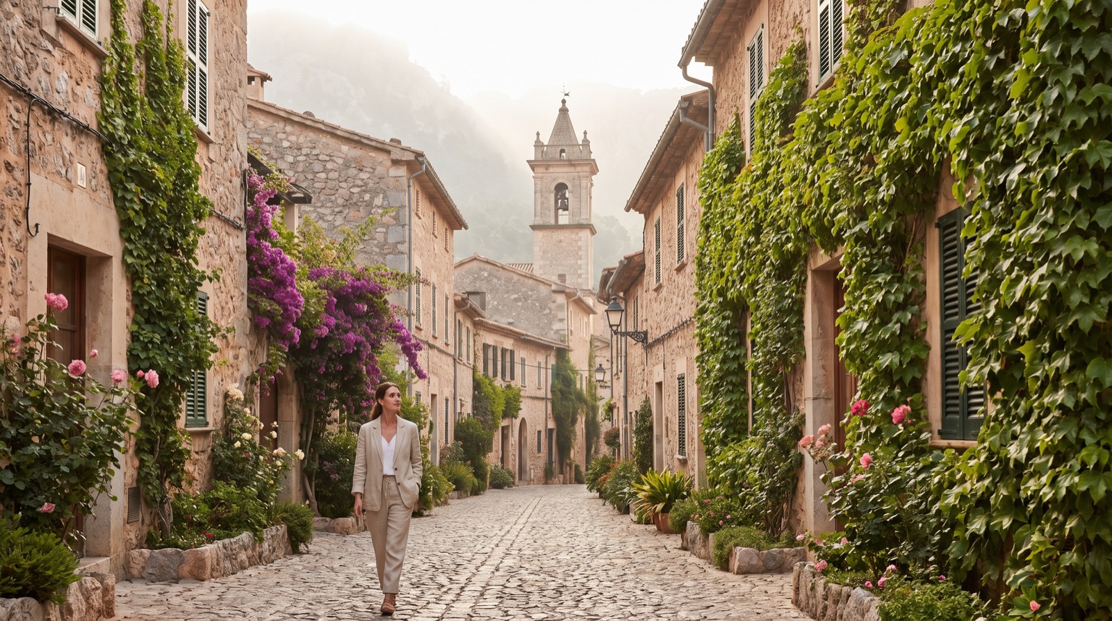Mujer paseando por una calle de piedra con hiedra en Valldemossa, Mallorca