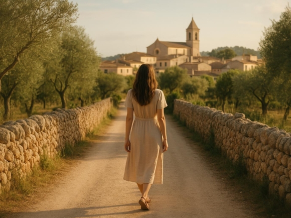 Mujer caminando hacia un pueblo de Mallorca entre paredes de piedra y olivos