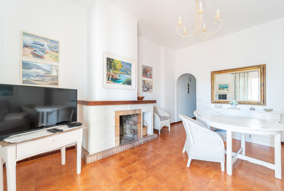 Salón con chimenea de obra, televisión y mesa de comedor con butacas de mimbre.