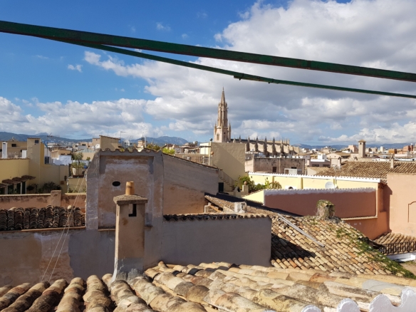 Tejados de teja árabe y campanarios del centro de Palma de Mallorca con la Serra de Tramuntana al fondo